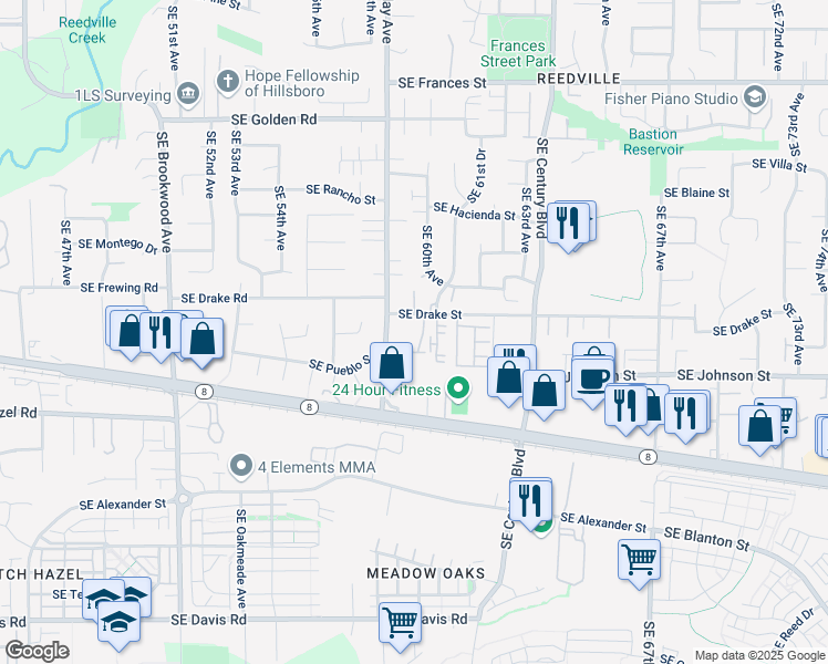 map of restaurants, bars, coffee shops, grocery stores, and more near 5911 Southeast Drake Street in Hillsboro