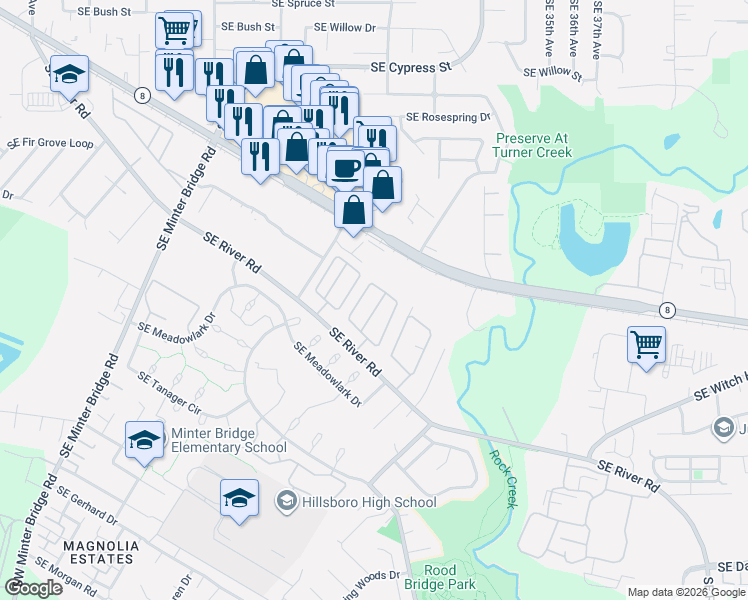 map of restaurants, bars, coffee shops, grocery stores, and more near 2770 Southeast Tualatin Valley Highway in Hillsboro