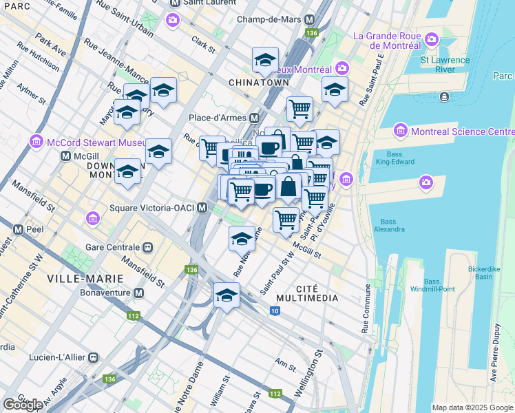 map of restaurants, bars, coffee shops, grocery stores, and more near 383 Rue Saint-Jacques in Montréal