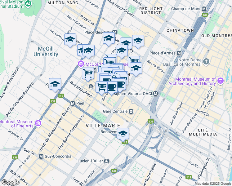 map of restaurants, bars, coffee shops, grocery stores, and more near in Montreal