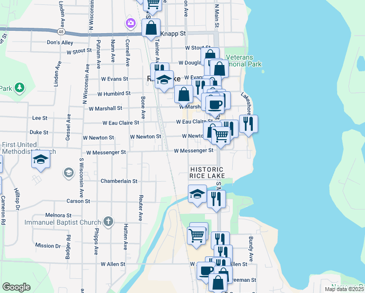 map of restaurants, bars, coffee shops, grocery stores, and more near 112 West Newton Street in Rice Lake