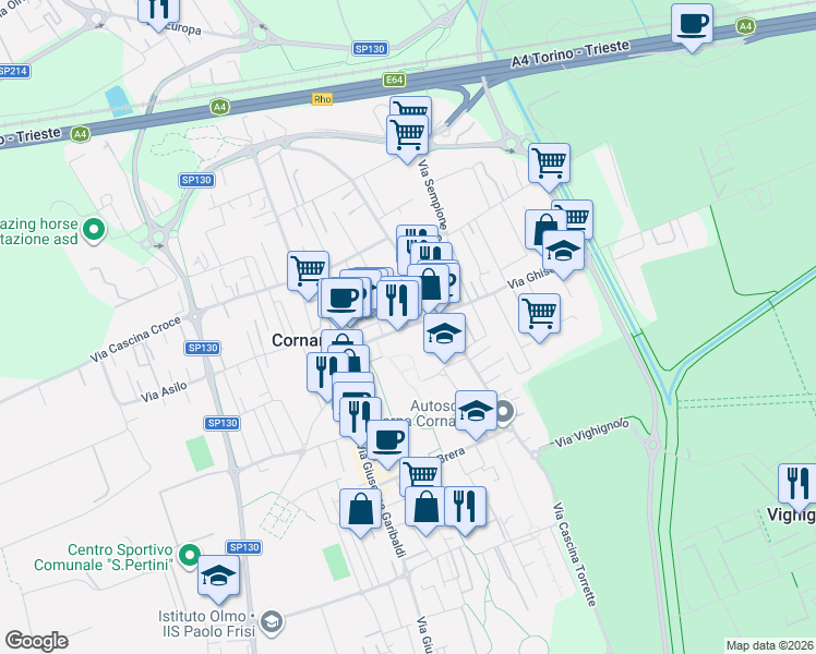 map of restaurants, bars, coffee shops, grocery stores, and more near 62 Piazza della Libertà in Cornaredo