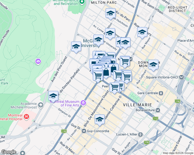 map of restaurants, bars, coffee shops, grocery stores, and more near 3410 Rue Peel in Montréal