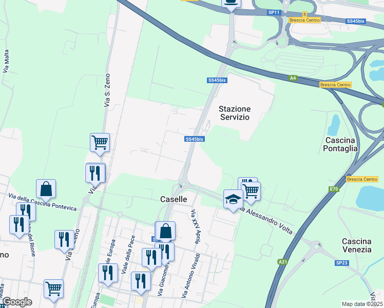 map of restaurants, bars, coffee shops, grocery stores, and more near 207 Via A. Diaz in Stazione Servizio
