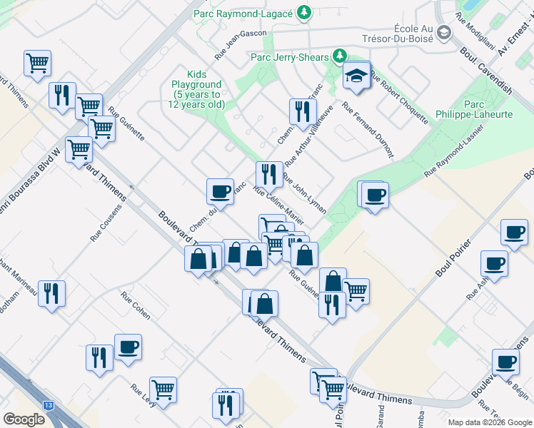 map of restaurants, bars, coffee shops, grocery stores, and more near 3882 Rue Céline-Marier in Montréal