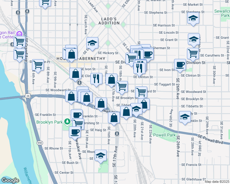 map of restaurants, bars, coffee shops, grocery stores, and more near 2900 Southeast 17th Avenue in Portland