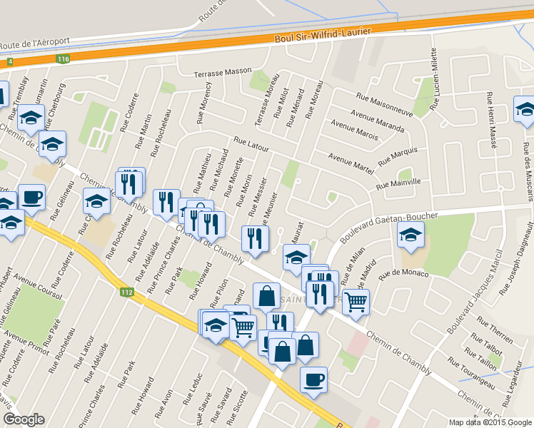 map of restaurants, bars, coffee shops, grocery stores, and more near 1500 Rue Meunier in Longueuil
