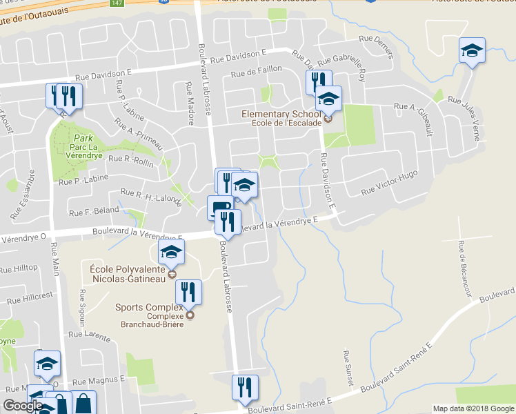 map of restaurants, bars, coffee shops, grocery stores, and more near 102 Rue de Candiac in Gatineau