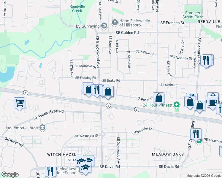 map of restaurants, bars, coffee shops, grocery stores, and more near 2330 Southeast Brookwood Avenue in Hillsboro