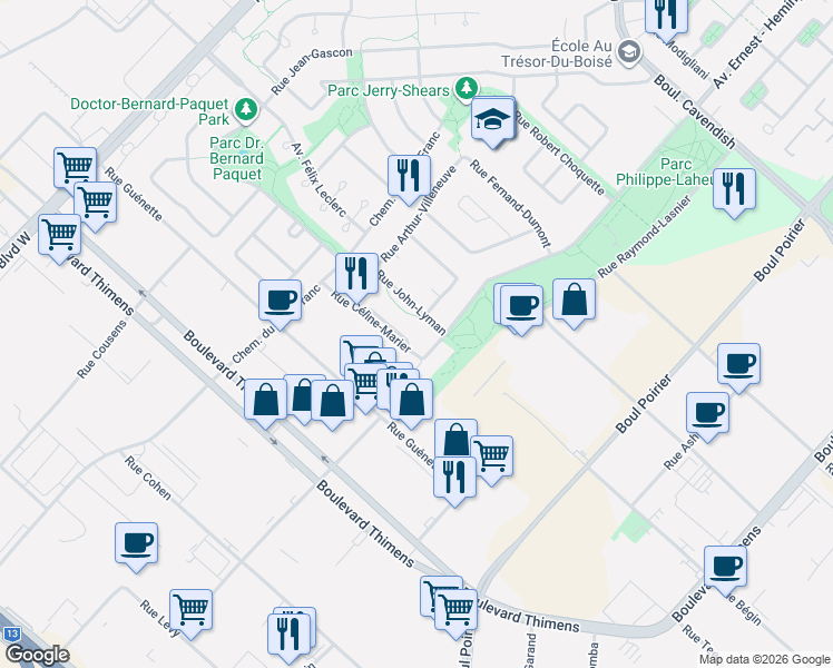 map of restaurants, bars, coffee shops, grocery stores, and more near 3729 Rue Céline-Marier in Montréal