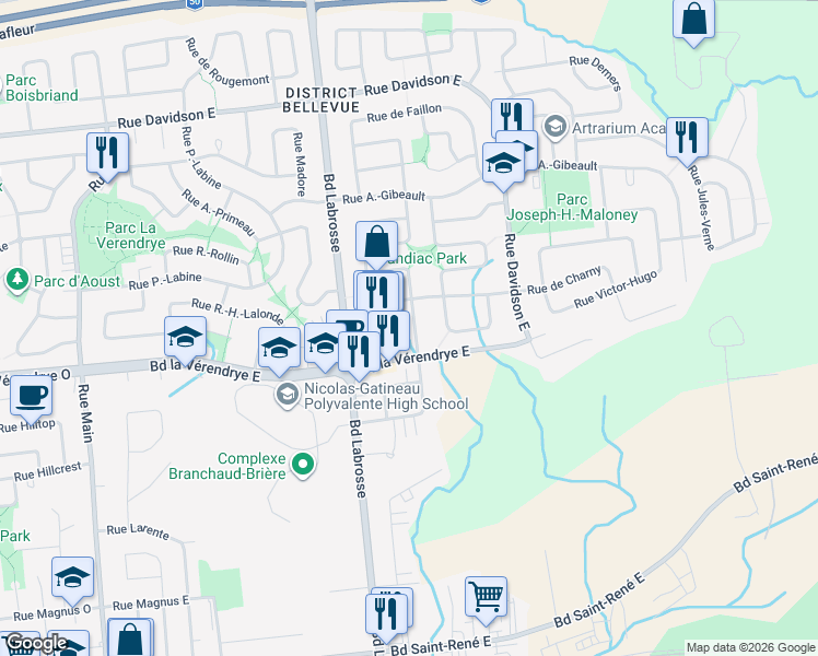 map of restaurants, bars, coffee shops, grocery stores, and more near 102 Rue de Candiac in Gatineau