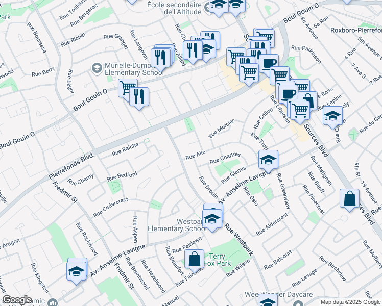 map of restaurants, bars, coffee shops, grocery stores, and more near 86 Rue Alie in Dollard-des-Ormeaux