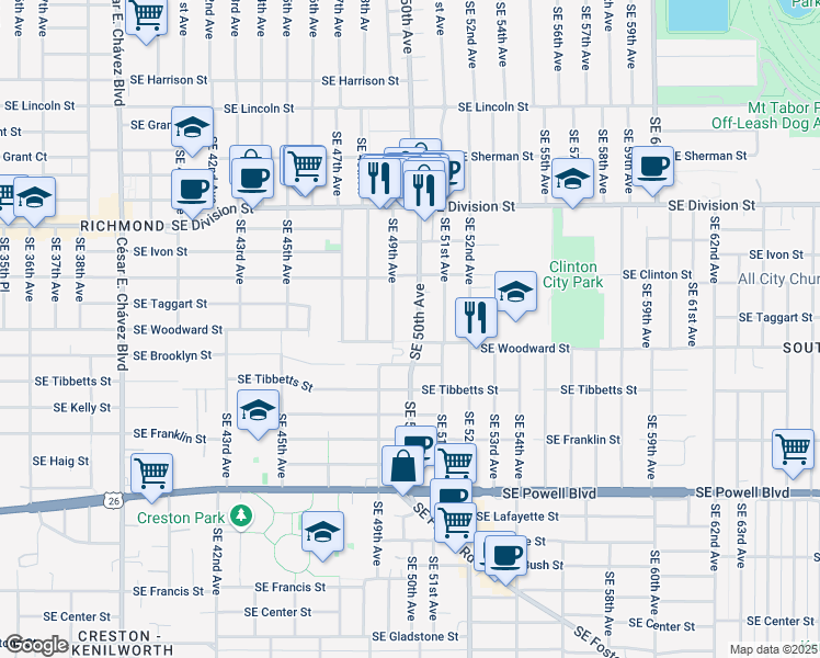 map of restaurants, bars, coffee shops, grocery stores, and more near 2821 Southeast 50th Avenue in Portland