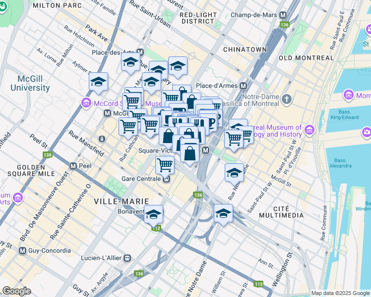 map of restaurants, bars, coffee shops, grocery stores, and more near 1050 Côte du Beaver Hall in Montréal