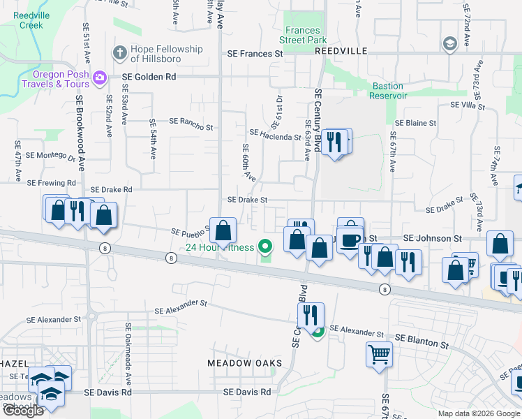 map of restaurants, bars, coffee shops, grocery stores, and more near 2347 Southeast 61st Lane in Hillsboro