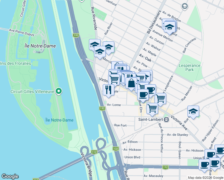 map of restaurants, bars, coffee shops, grocery stores, and more near 6 Avenue Argyle in Saint-Lambert