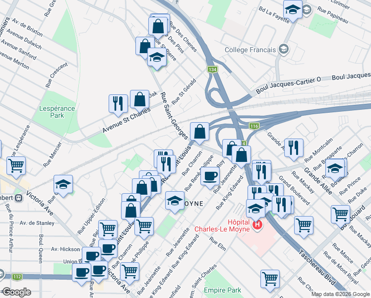 map of restaurants, bars, coffee shops, grocery stores, and more near 277 Rue Saint-Louis in Longueuil