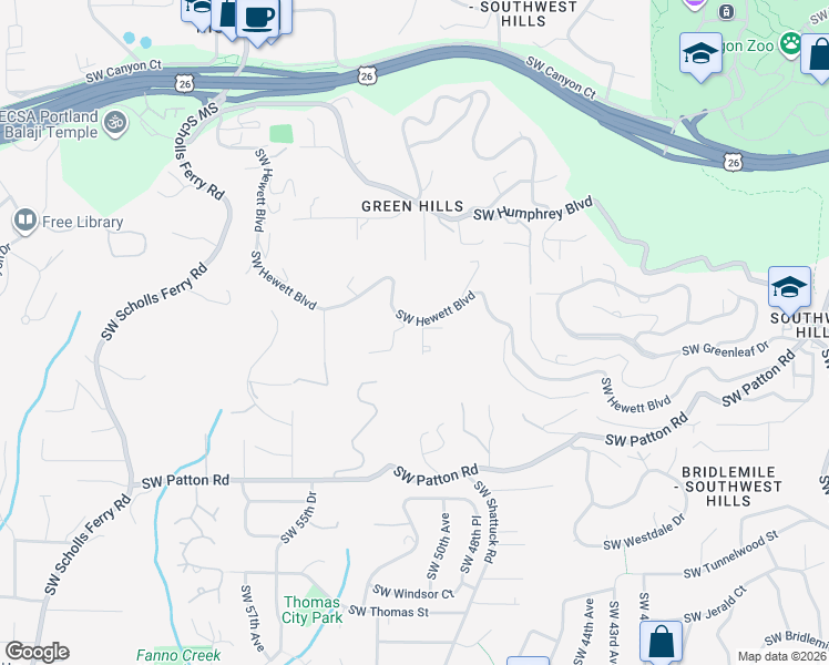 map of restaurants, bars, coffee shops, grocery stores, and more near 5000 Southwest Hewett Boulevard in Portland