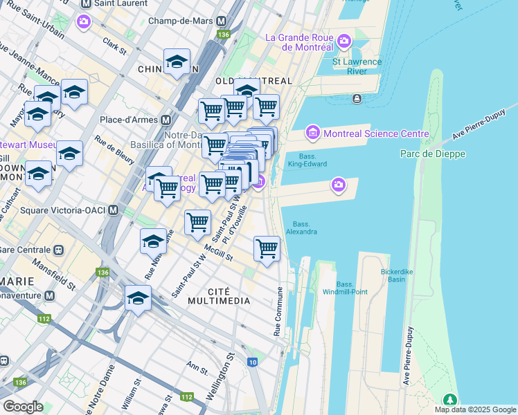 map of restaurants, bars, coffee shops, grocery stores, and more near in Montreal