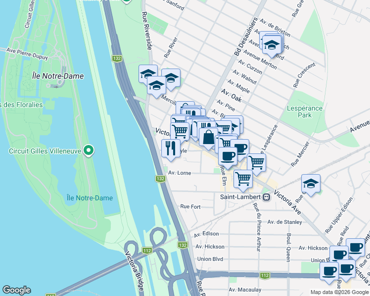 map of restaurants, bars, coffee shops, grocery stores, and more near 44 Avenue Argyle in Saint-Lambert