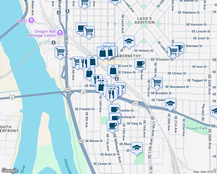 map of restaurants, bars, coffee shops, grocery stores, and more near 1110 Southeast Woodward Street in Portland