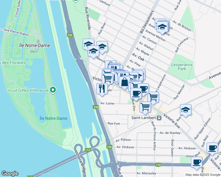 map of restaurants, bars, coffee shops, grocery stores, and more near 353 Avenue Victoria in Saint-Lambert