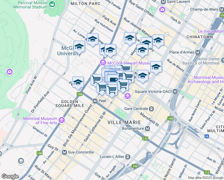 map of restaurants, bars, coffee shops, grocery stores, and more near 1800 Avenue McGill College in Montréal