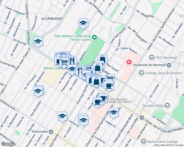 map of restaurants, bars, coffee shops, grocery stores, and more near 3507 Avenue Van Horne in Montrã©Al