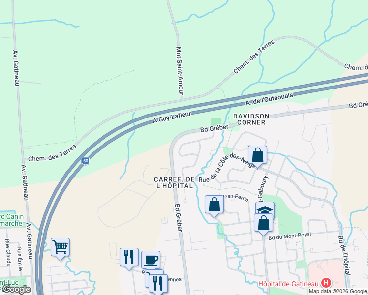 map of restaurants, bars, coffee shops, grocery stores, and more near 72 Rue d'Outremont in Gatineau