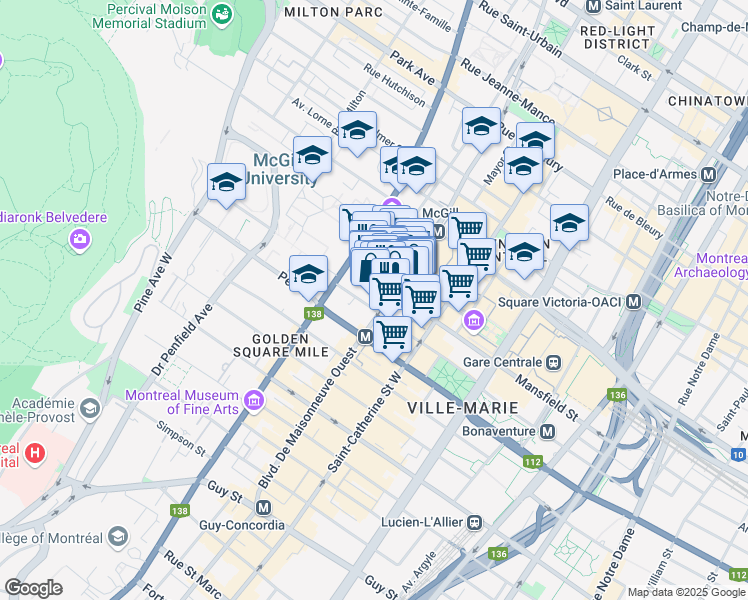 map of restaurants, bars, coffee shops, grocery stores, and more near 1800 Avenue McGill College in Montréal