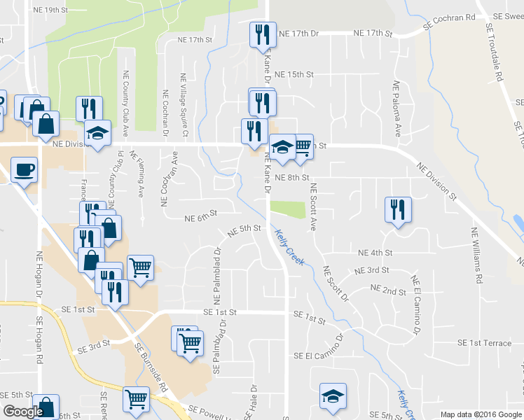 map of restaurants, bars, coffee shops, grocery stores, and more near 621 Northeast Kane Drive in Gresham