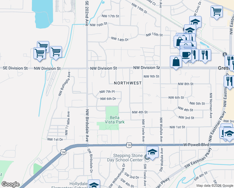 map of restaurants, bars, coffee shops, grocery stores, and more near 1815 Northwest 7th Place in Gresham