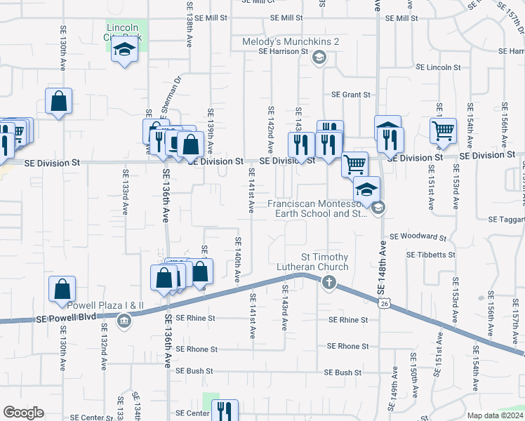 map of restaurants, bars, coffee shops, grocery stores, and more near 2710 Southeast 141st Avenue in Portland