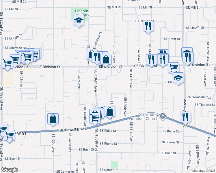 map of restaurants, bars, coffee shops, grocery stores, and more near 2702 Southeast 138th Avenue in Portland
