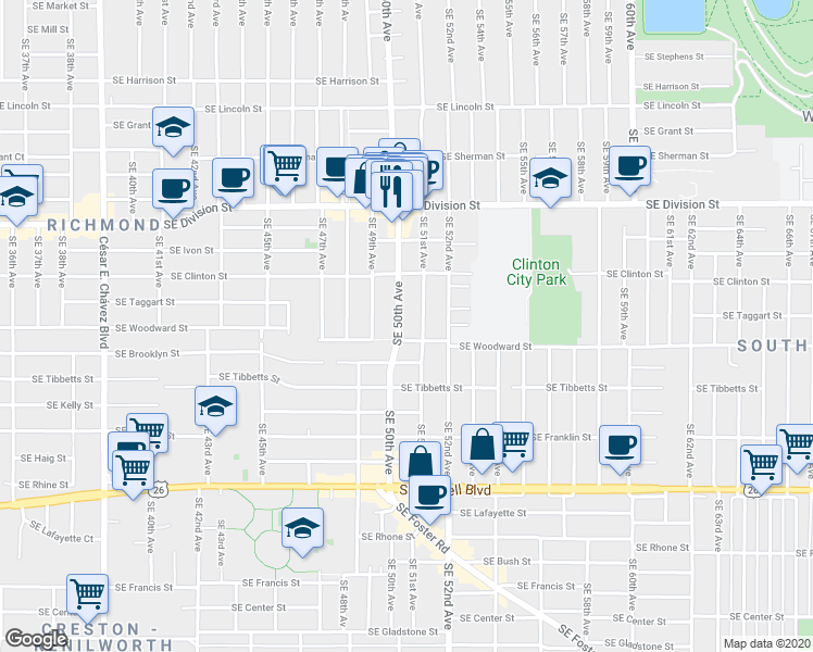 map of restaurants, bars, coffee shops, grocery stores, and more near 2820 Southeast 51st Avenue in Portland