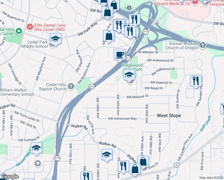 map of restaurants, bars, coffee shops, grocery stores, and more near 10408 Southwest Porter Street in Portland