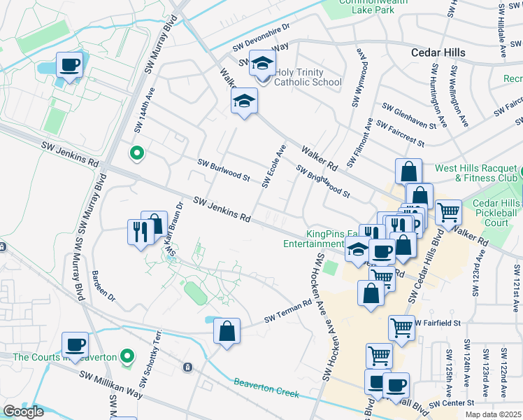 map of restaurants, bars, coffee shops, grocery stores, and more near 2390 Southwest Ecole Avenue in Beaverton