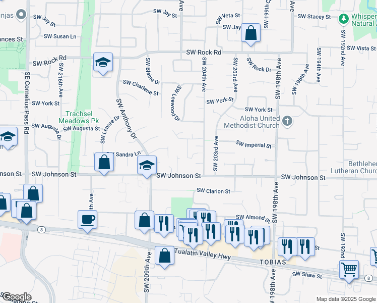 map of restaurants, bars, coffee shops, grocery stores, and more near 20618 Southwest Imperial Lane in Beaverton