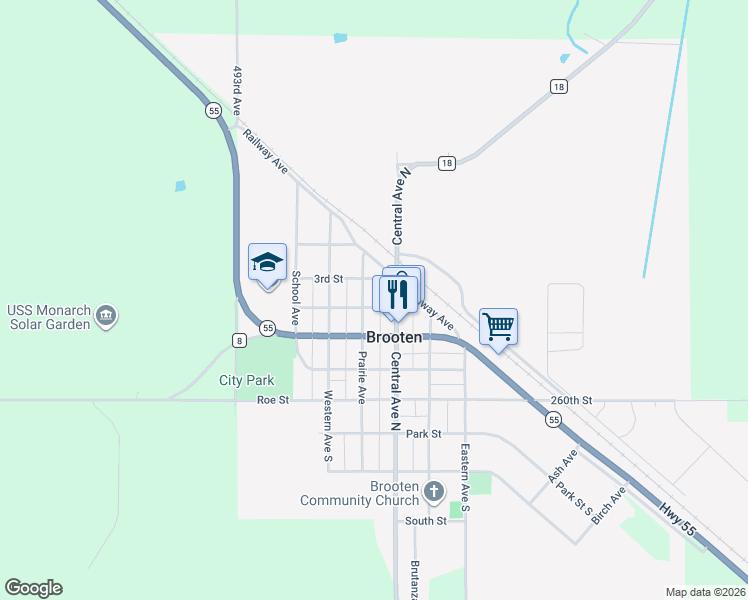 map of restaurants, bars, coffee shops, grocery stores, and more near 240 Prairie Avenue in Brooten