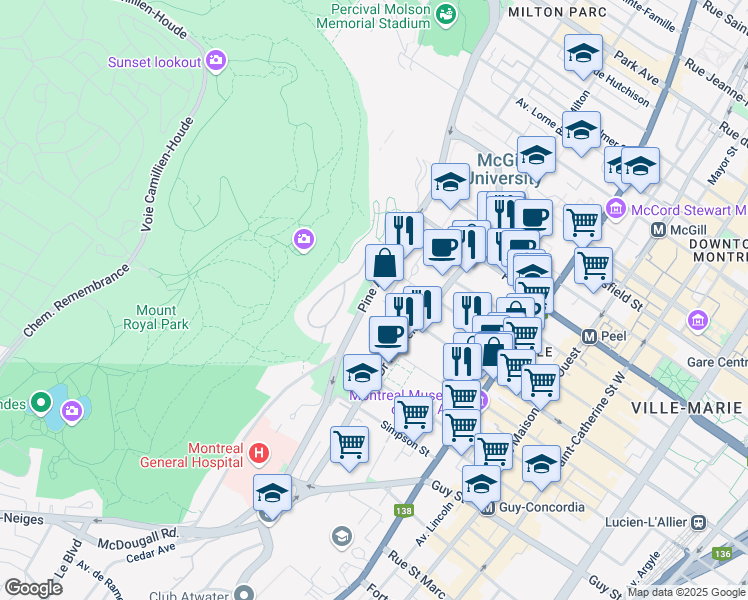map of restaurants, bars, coffee shops, grocery stores, and more near 1266 Avenue des Pins in Montréal