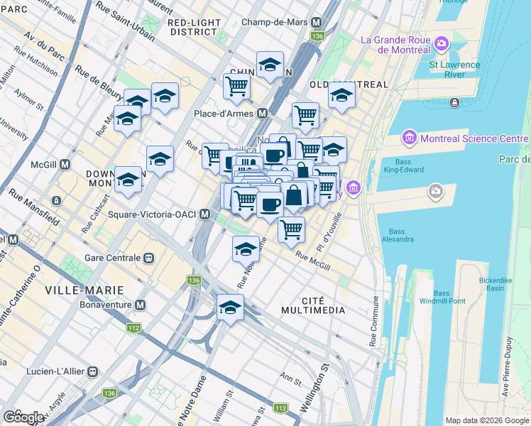 map of restaurants, bars, coffee shops, grocery stores, and more near 363 Rue Saint-Jacques in Montréal