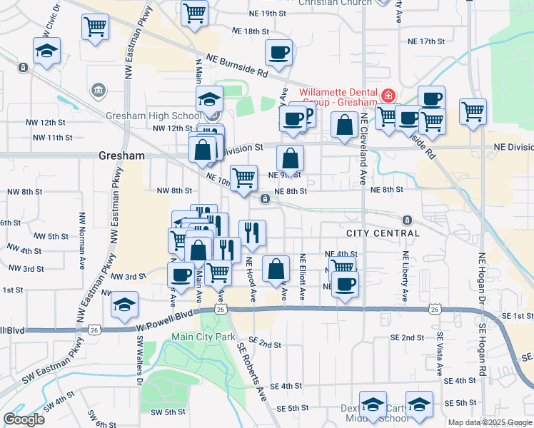 map of restaurants, bars, coffee shops, grocery stores, and more near in Gresham
