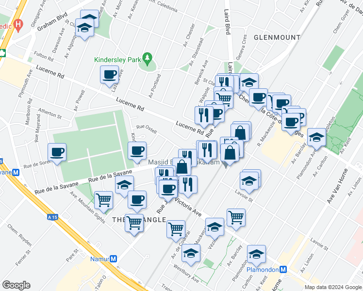 map of restaurants, bars, coffee shops, grocery stores, and more near 7463 Rue Ostell Crescent in Montréal