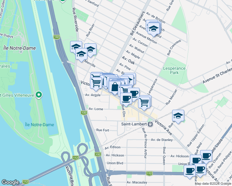 map of restaurants, bars, coffee shops, grocery stores, and more near 458 Avenue Victoria in Saint-Lambert