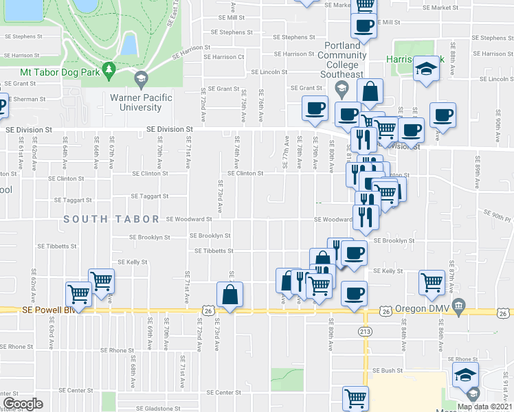 map of restaurants, bars, coffee shops, grocery stores, and more near 2824 Southeast 75th Avenue in Portland