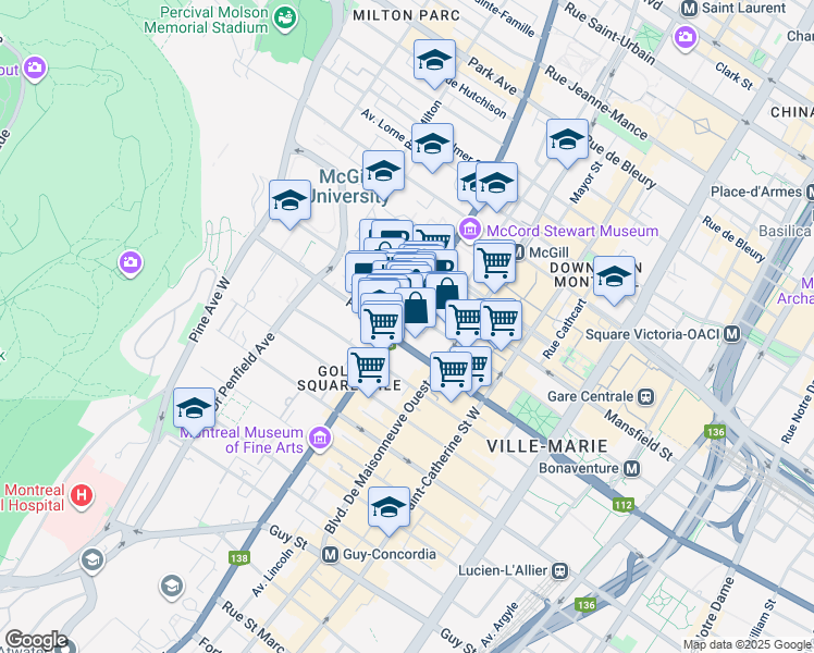 map of restaurants, bars, coffee shops, grocery stores, and more near 1050 Rue Sherbrooke Ouest in Montréal