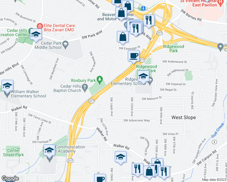 map of restaurants, bars, coffee shops, grocery stores, and more near 10545 Southwest Woods Street in Portland