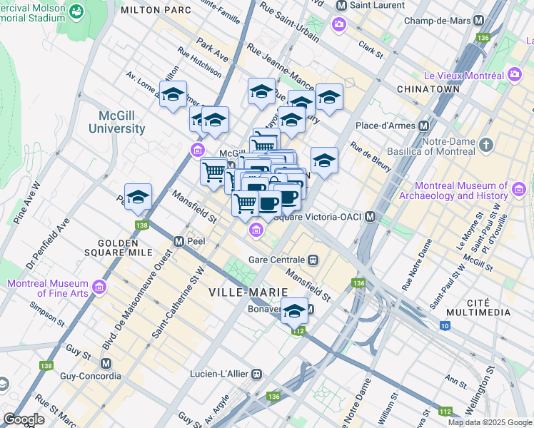 map of restaurants, bars, coffee shops, grocery stores, and more near in Montreal
