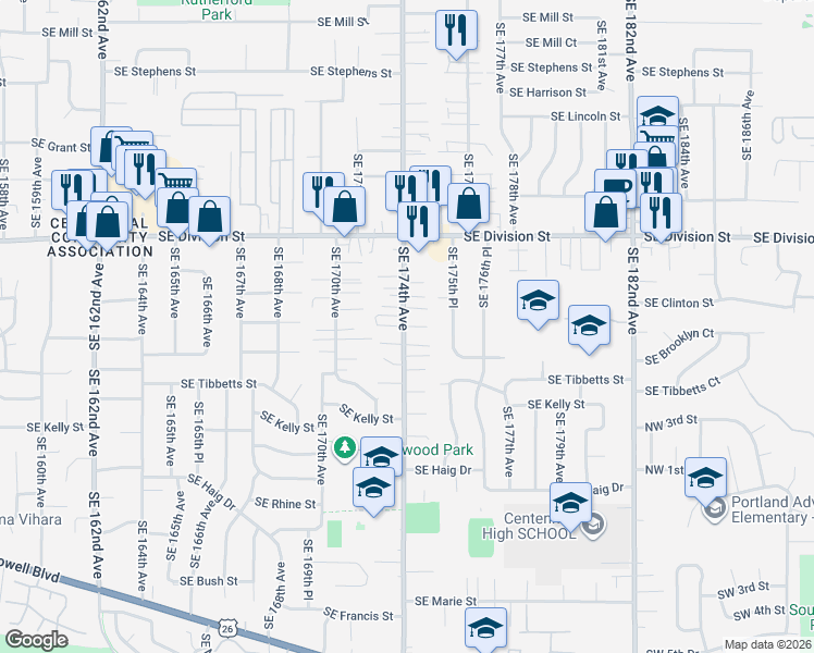 map of restaurants, bars, coffee shops, grocery stores, and more near 174th in Portland