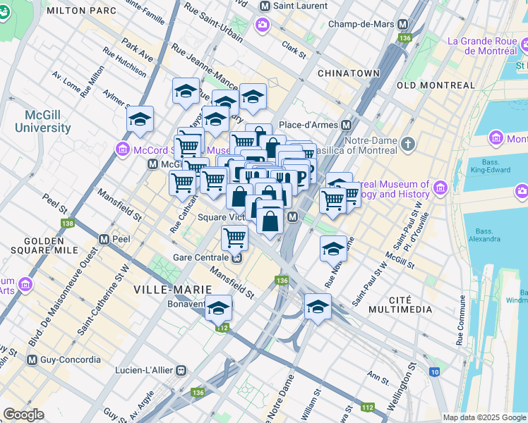 map of restaurants, bars, coffee shops, grocery stores, and more near in Montreal